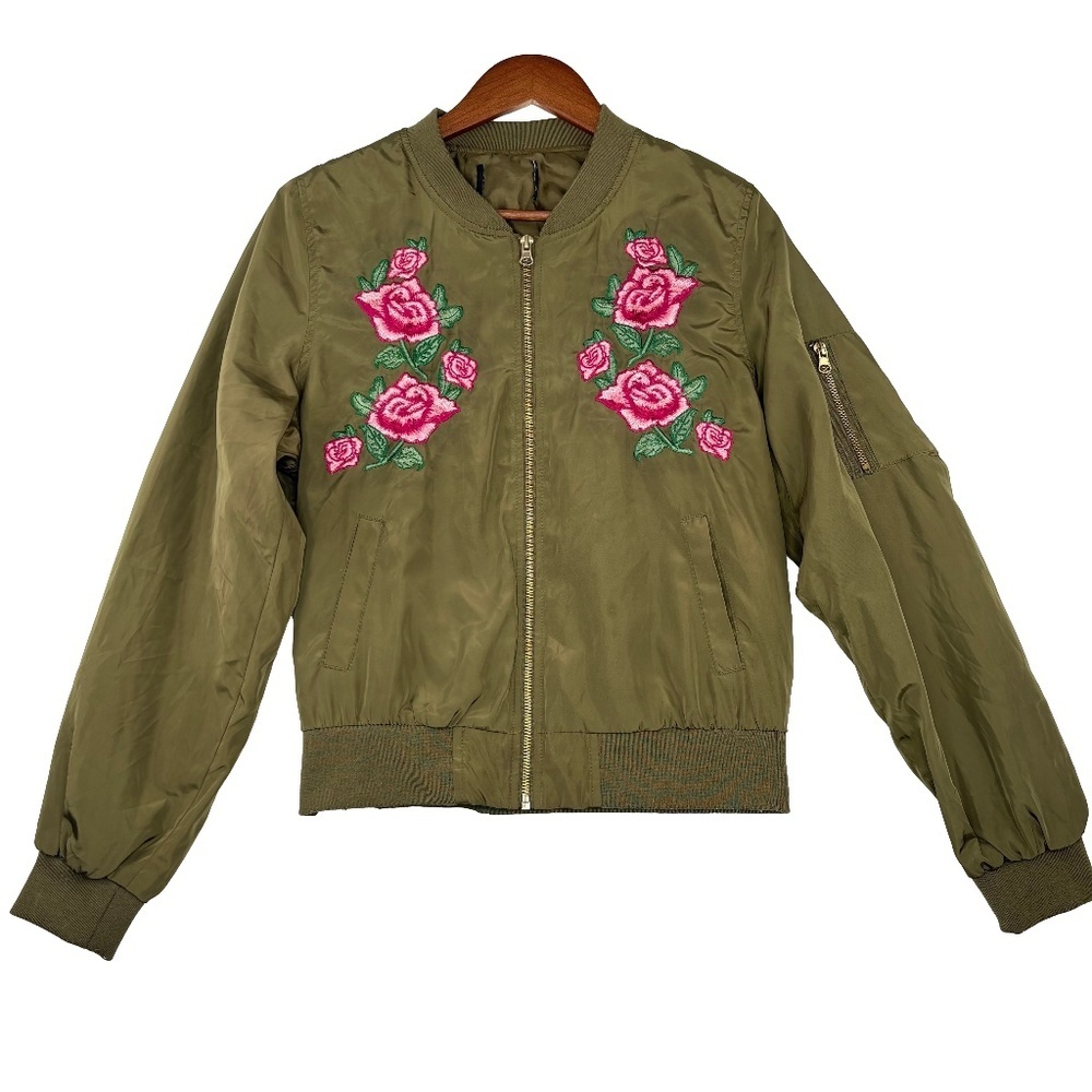 Love Tree Women's Rose Embroidered Army Green Light Bomber Jacket Size Small